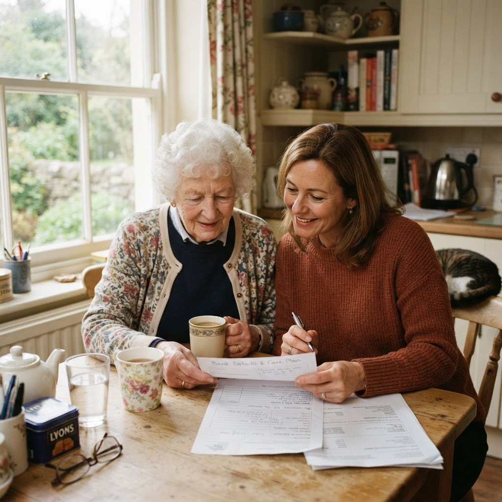 A daughter and her elderly mother reviewing paperwork together at the kitchen table