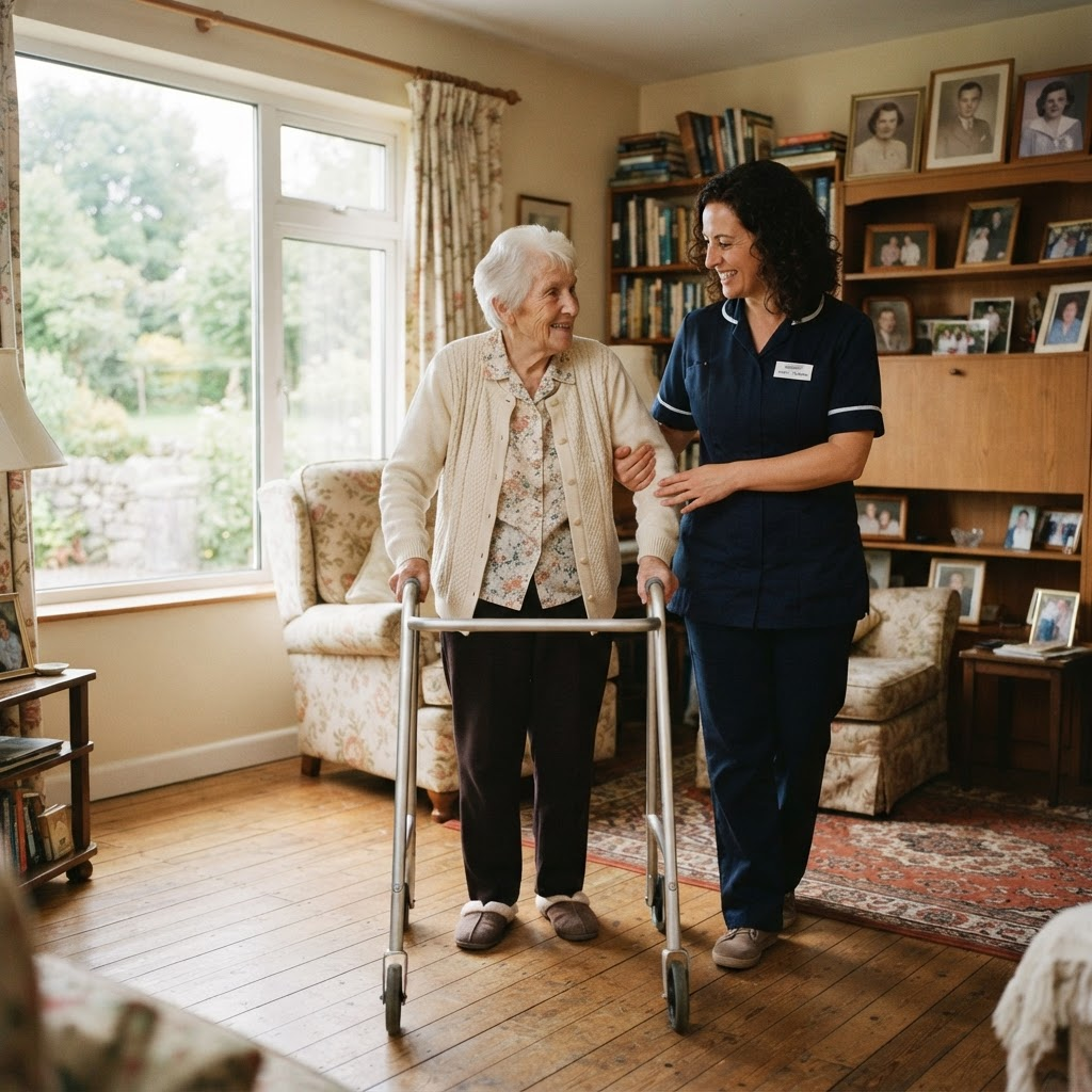 A professional live-in carer helping an elderly woman walk through her living room