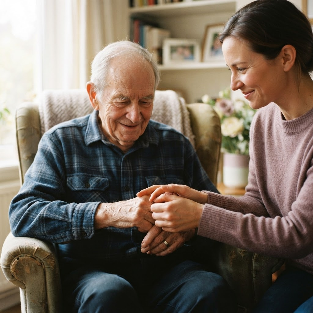 A caregiver gently holding the hands of an elderly man, showing warmth and respect