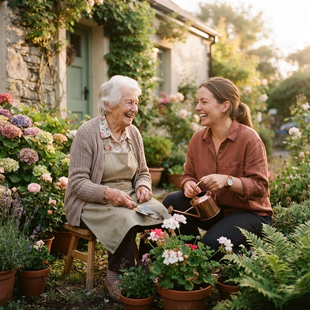 A carer and her elderly client laughing together while gardening outside
